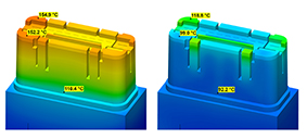 Temperaturverteilung eines Formeinsatzes in der Kühlphase. Links konventionell temperiert, rechts konturnah temperiert. (c) SIGMA Engineering GmbH