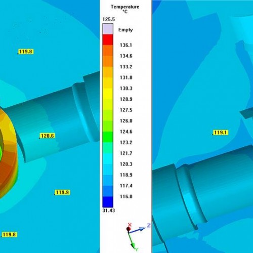 Abbildung 5 - Werkzeugtemperaturen für den zehnten Zyklus; links direkt vor der Entformung; rechts nach 18 Sekunden offenem Werkzeug, bevor dieses erneut schließt (c) SIGMA Engineering GmbH